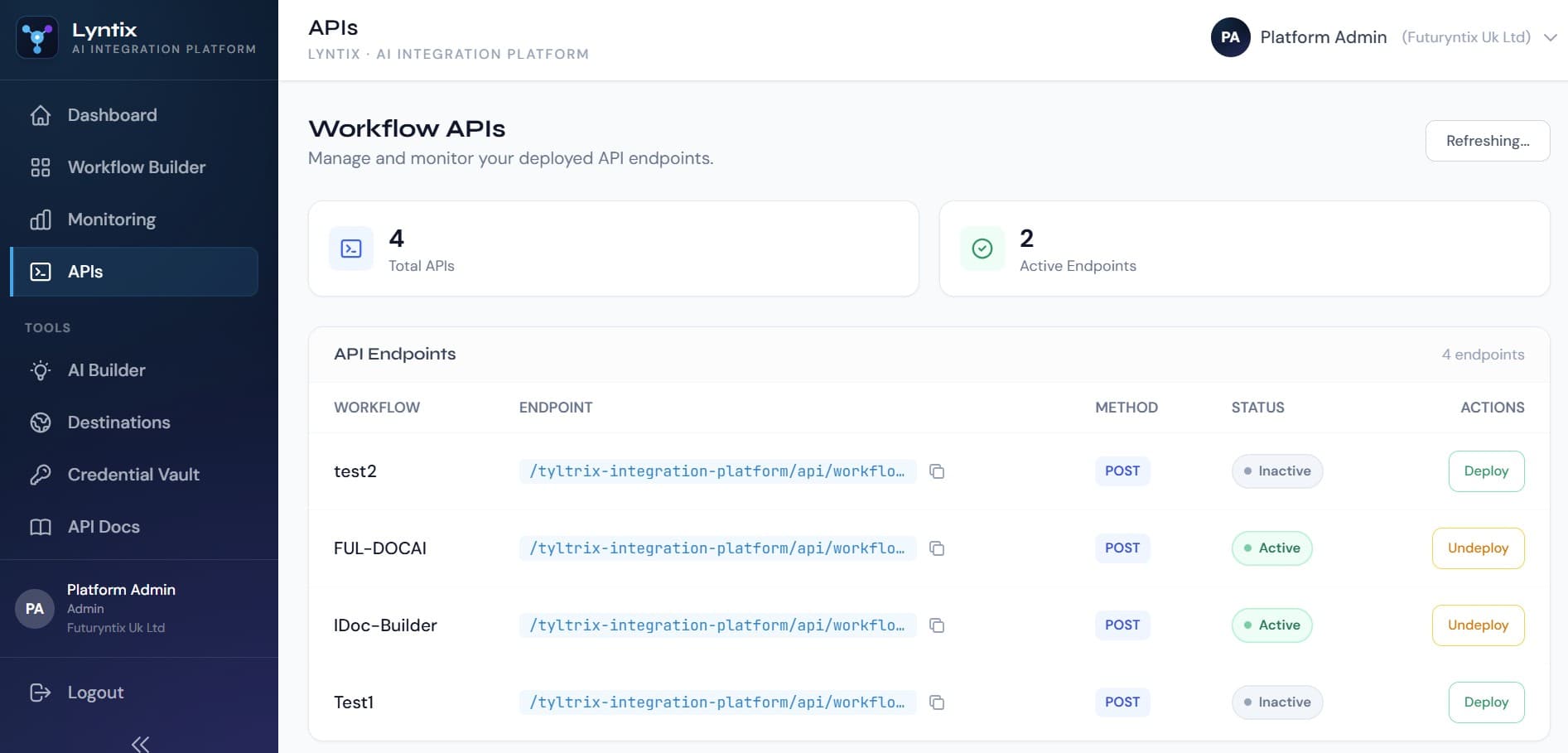Lyntix · APIs panel listing workflow endpoints