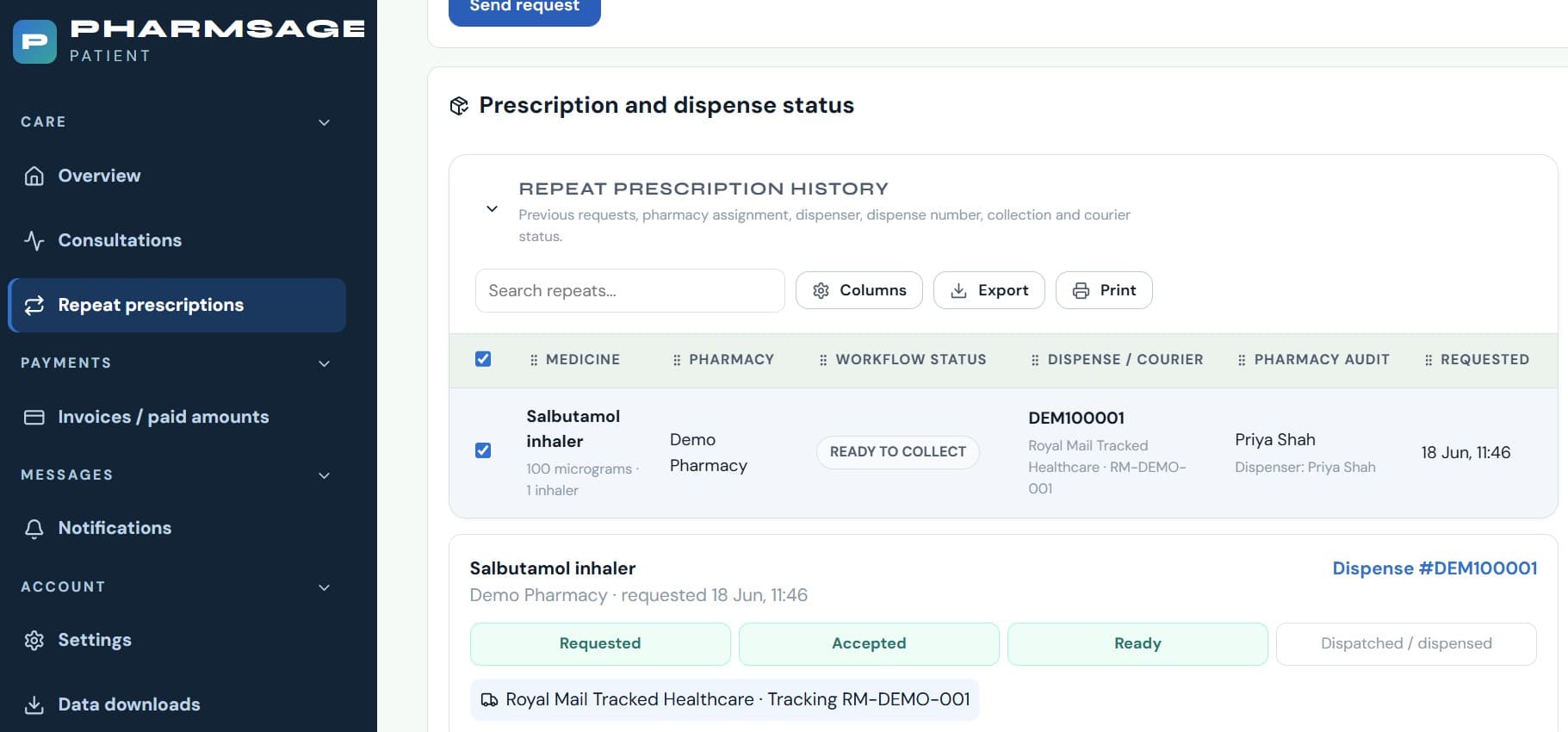 PharmSage repeat-prescription tracking