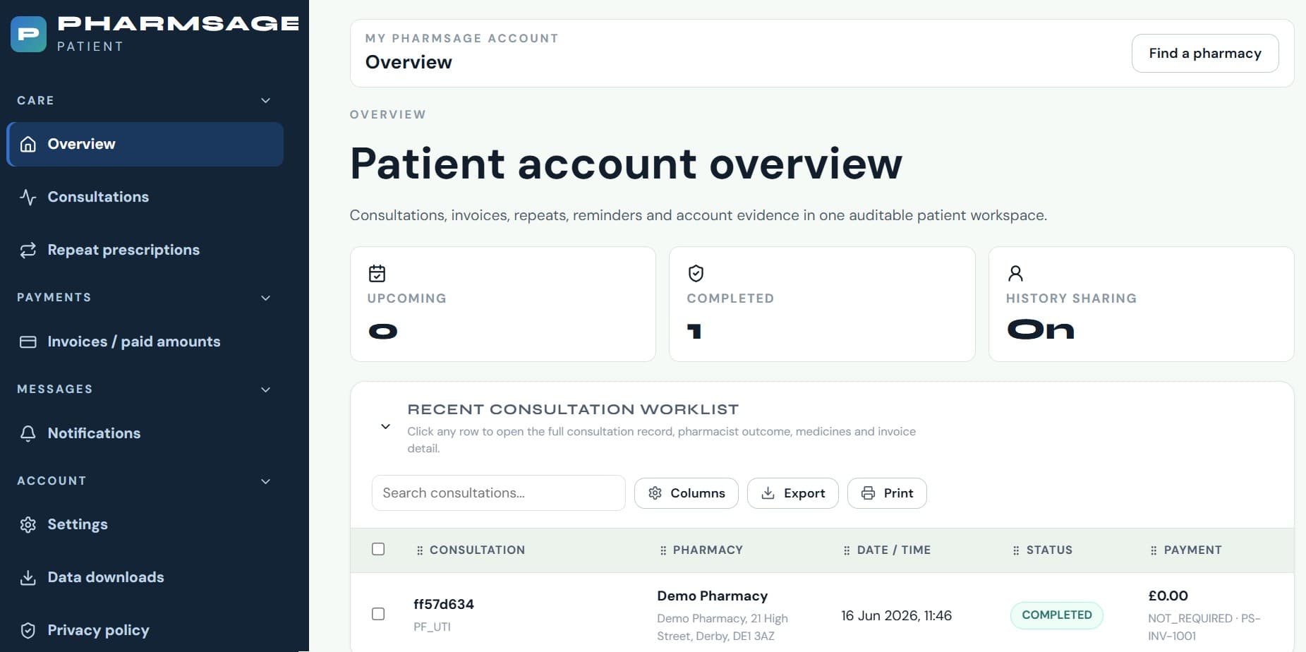 PharmSage patient dashboard