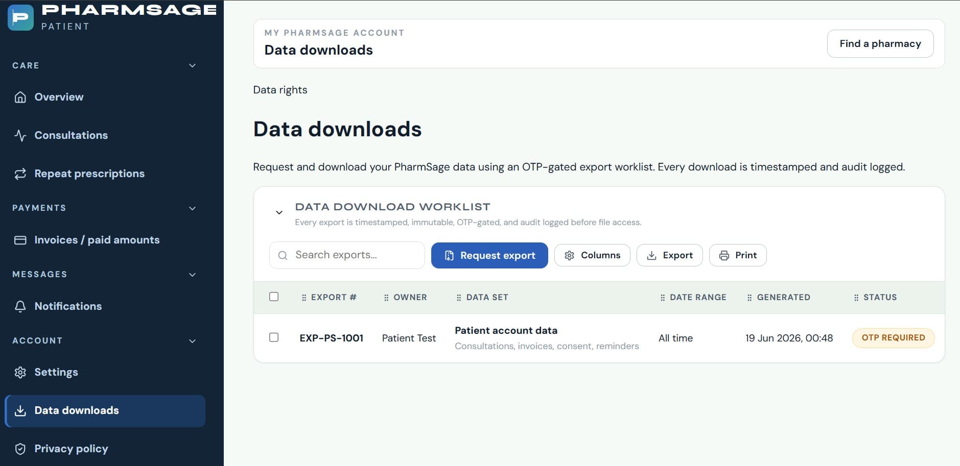 PharmSage — privacy & data controls