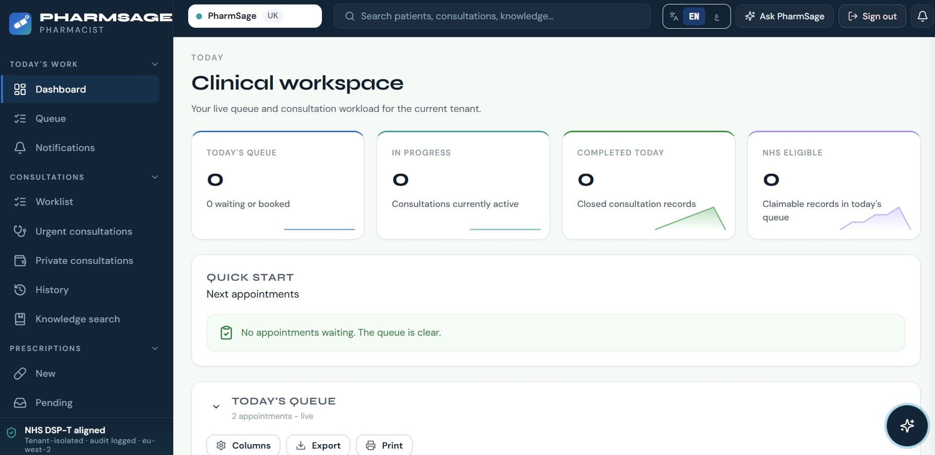 PharmSage pharmacist clinical workspace
