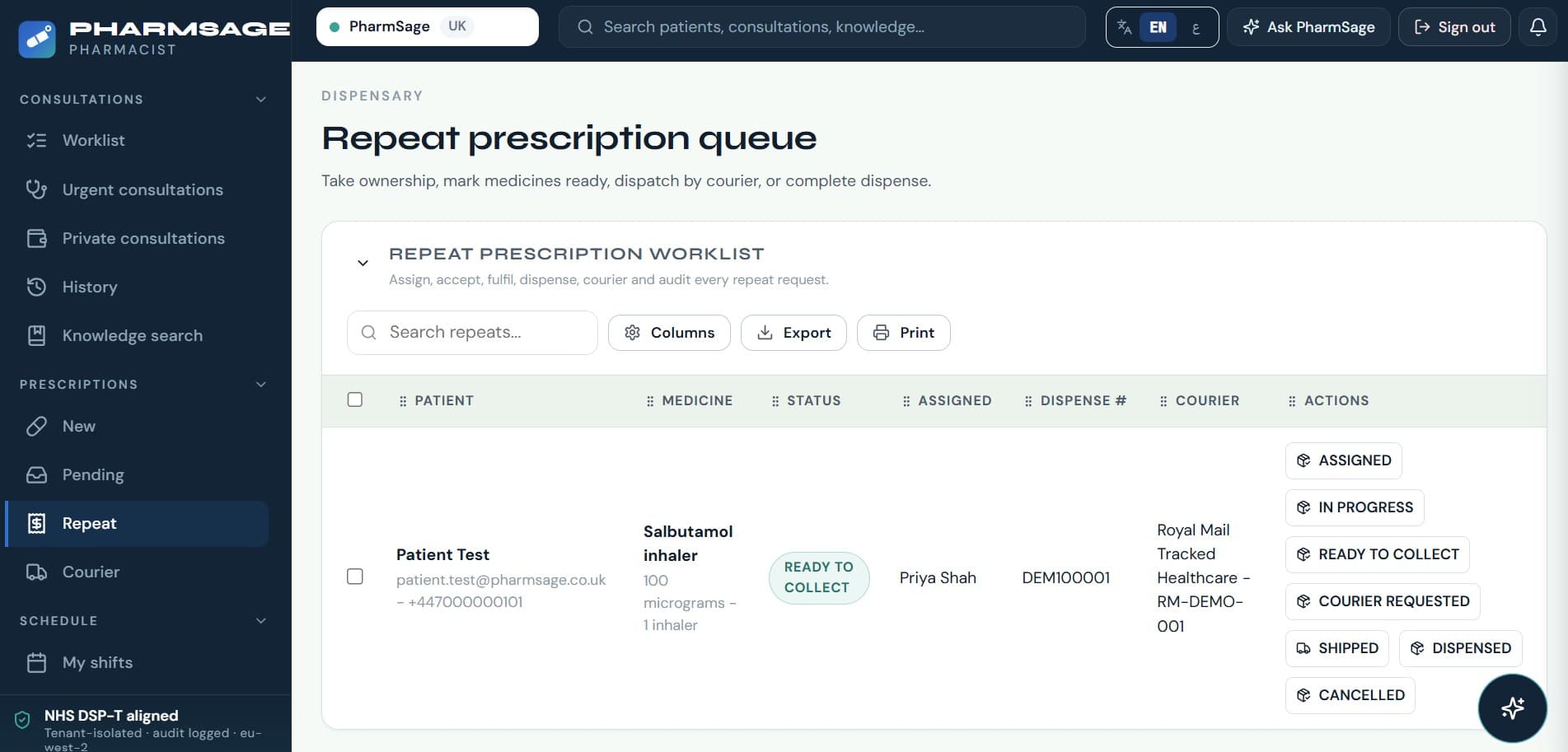 PharmSage prescription status