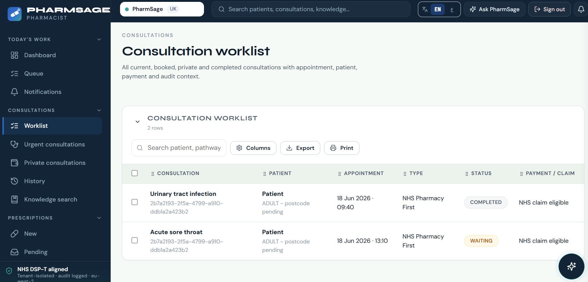 PharmSage pharmacist worklist