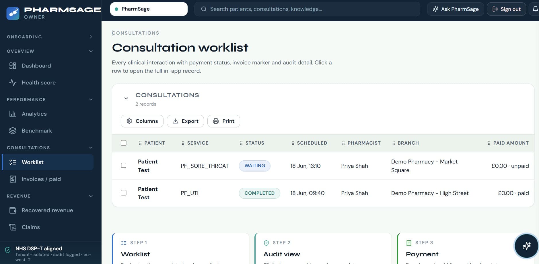 PharmSage owner consultation analytics