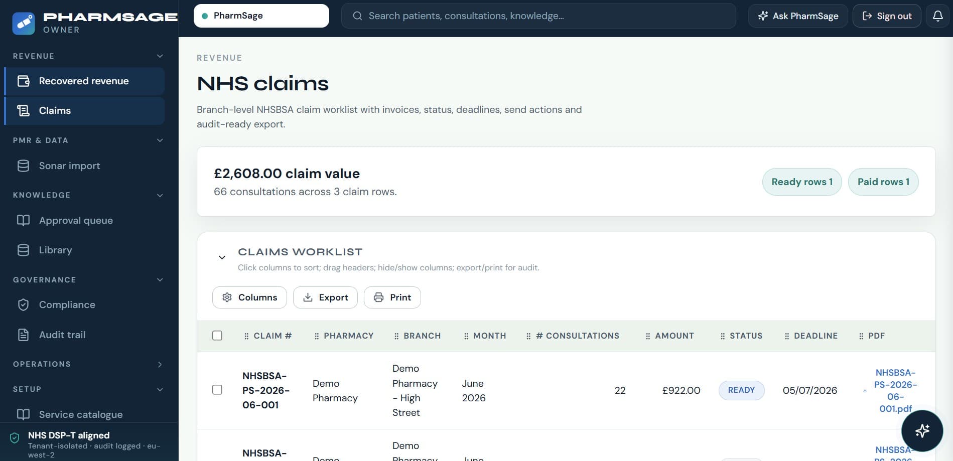 PharmSage recovery claim view