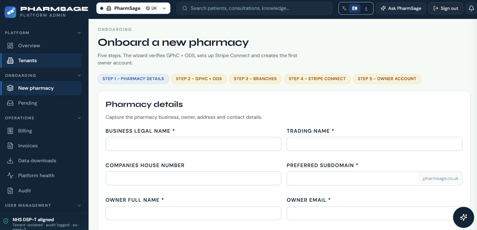 PharmSage pharmacy onboarding queue