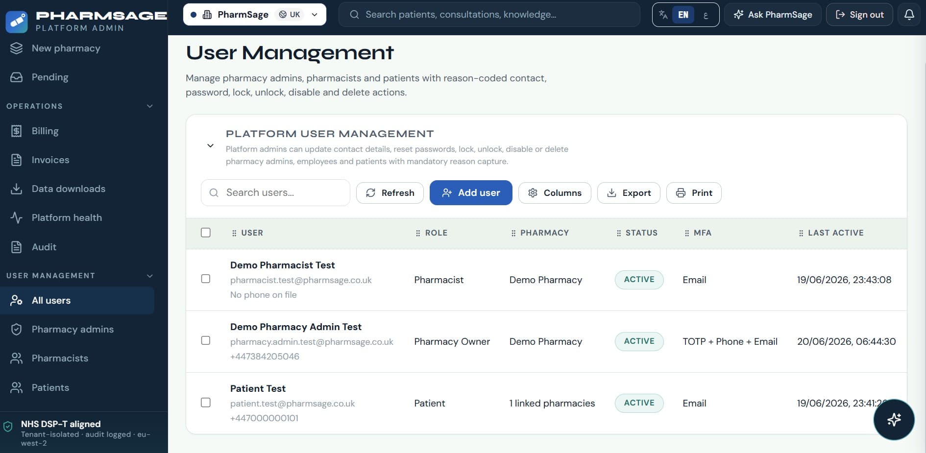 PharmSage user management