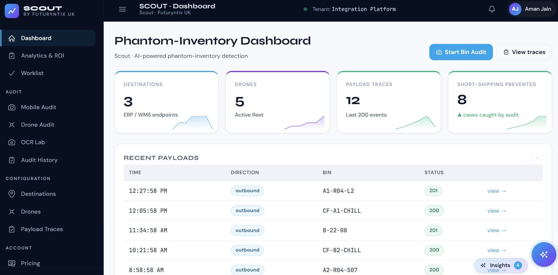 Scout · Phantom-Inventory Dashboard with destinations, drones, payload traces and short-shipping prevented