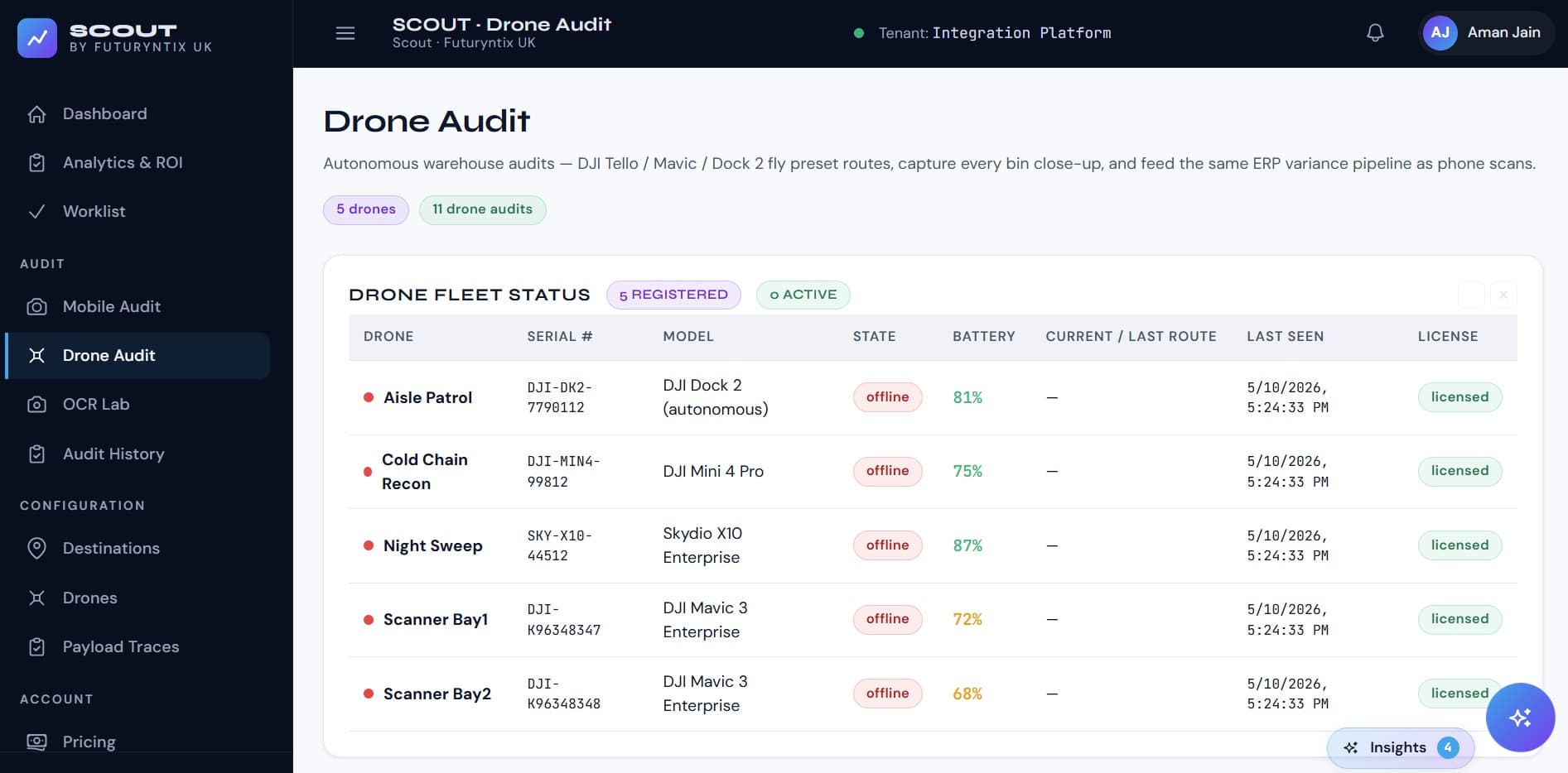 Scout · Drone Audit — DJI fleet status with battery and route info