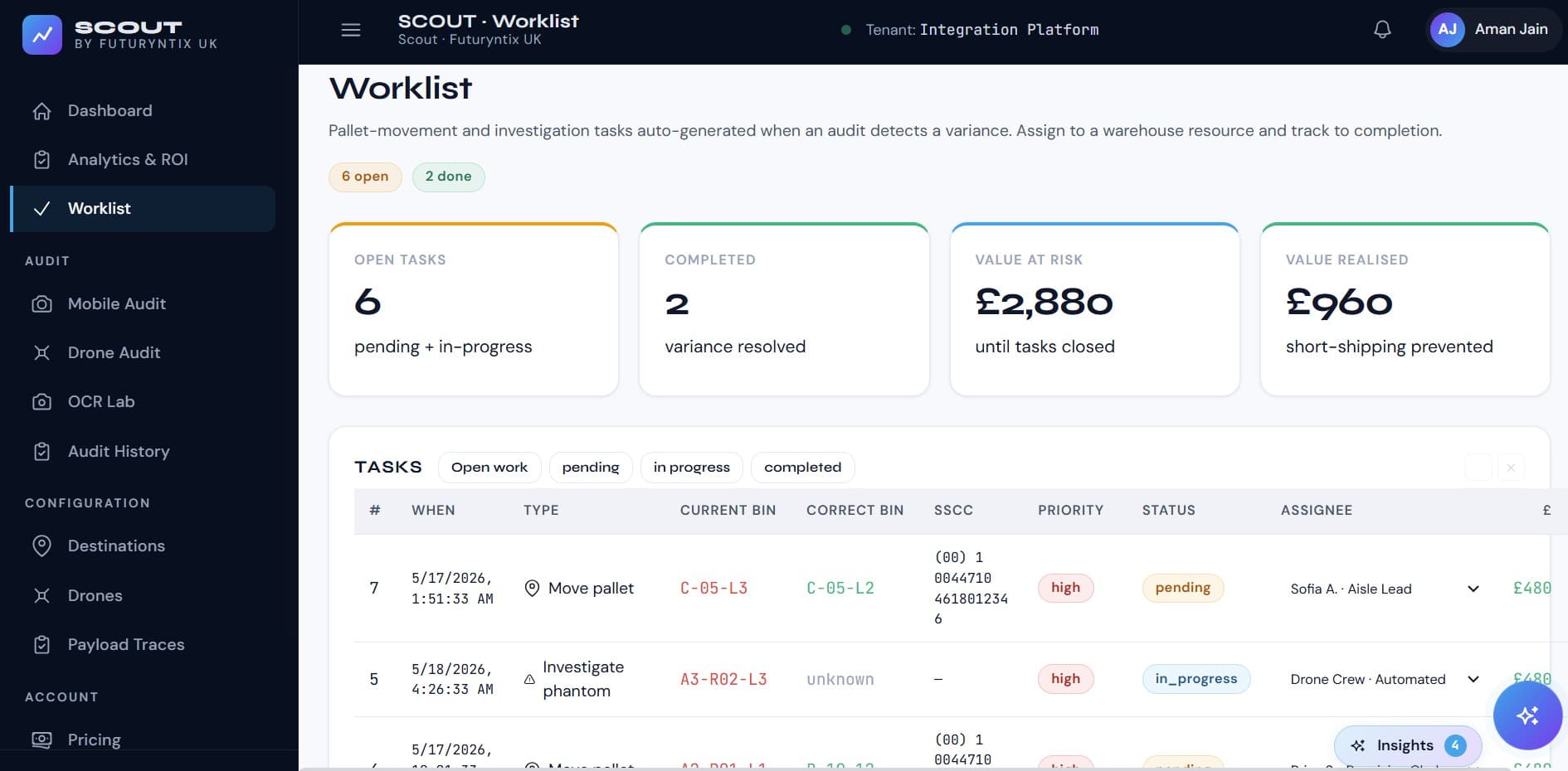 Scout · Worklist — phantom inventory tasks with value-at-risk