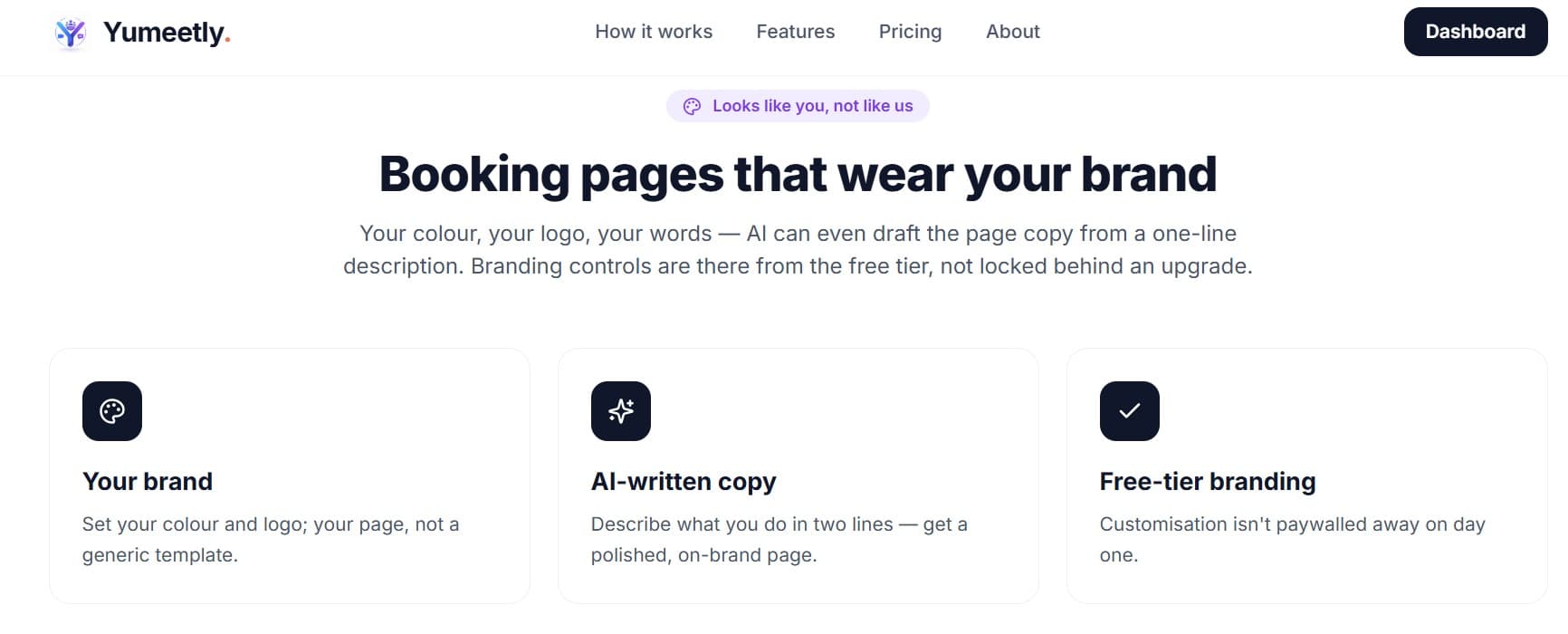 Yumeetly · Booking pages that wear your brand — Your brand, AI-written copy, free-tier branding