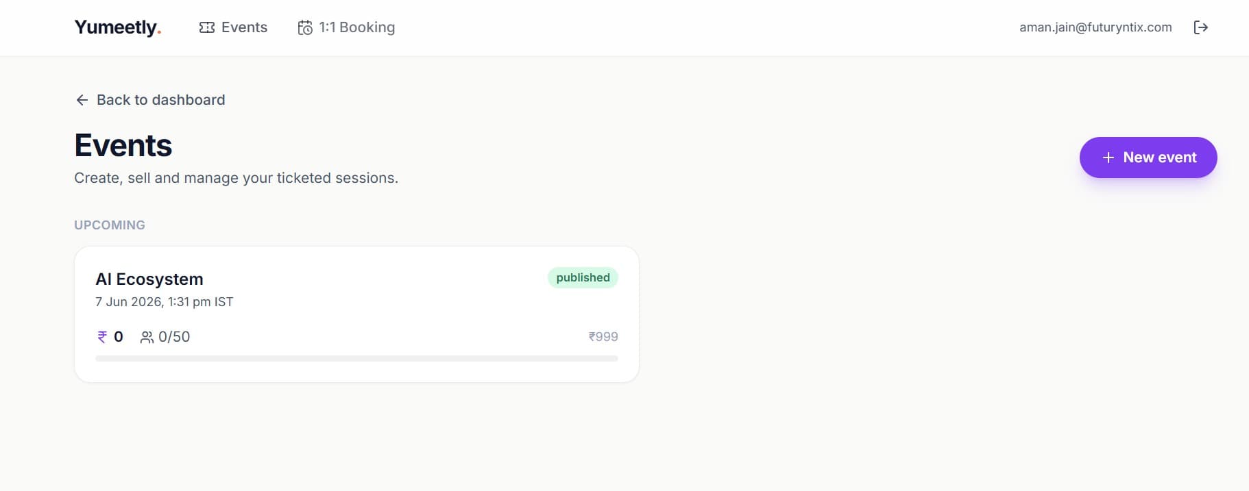 Yumeetly · Events — Create, sell and manage your ticketed sessions
